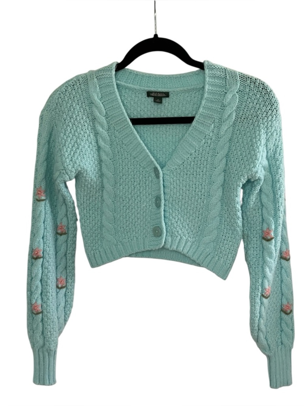 Wild Fable Cropped Cable Knit Cardigan Mint Blue with Pink Floral Accents